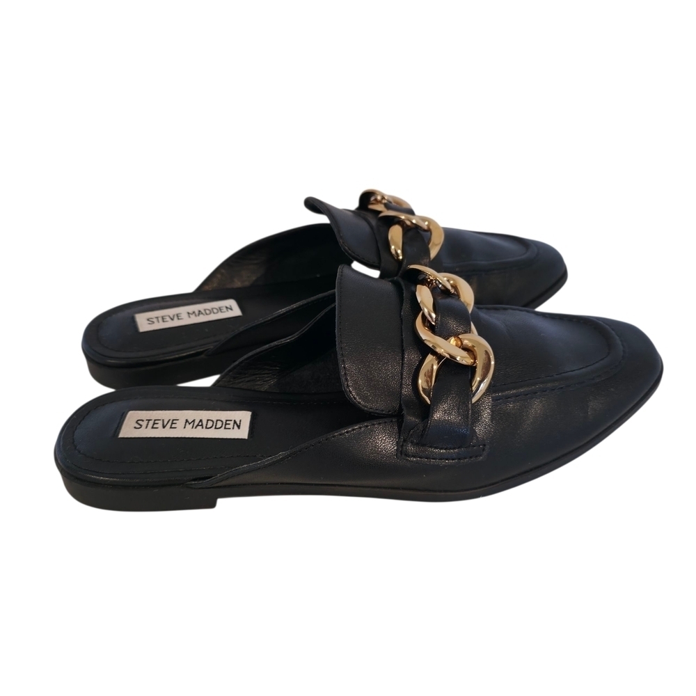 Steve Madden Cassady Black Leather Mules Women’s 8.5 – Gold Chain Slip-On Loafer